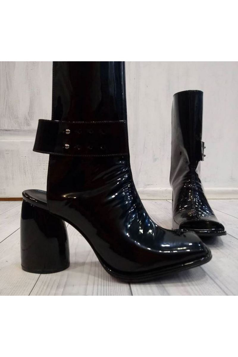 Buy Dark blue patent leather ankle boots, heel open heel designer unique boots 